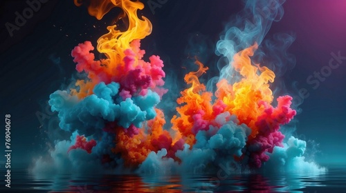 Colorful smoke and fire floating in the water. Generative AI.