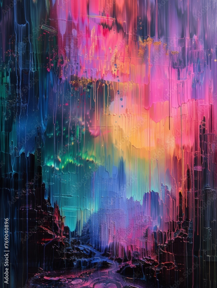 An abstract painting depicting a sky filled with rainbow colors, blending seamlessly to create a vibrant and dynamic composition