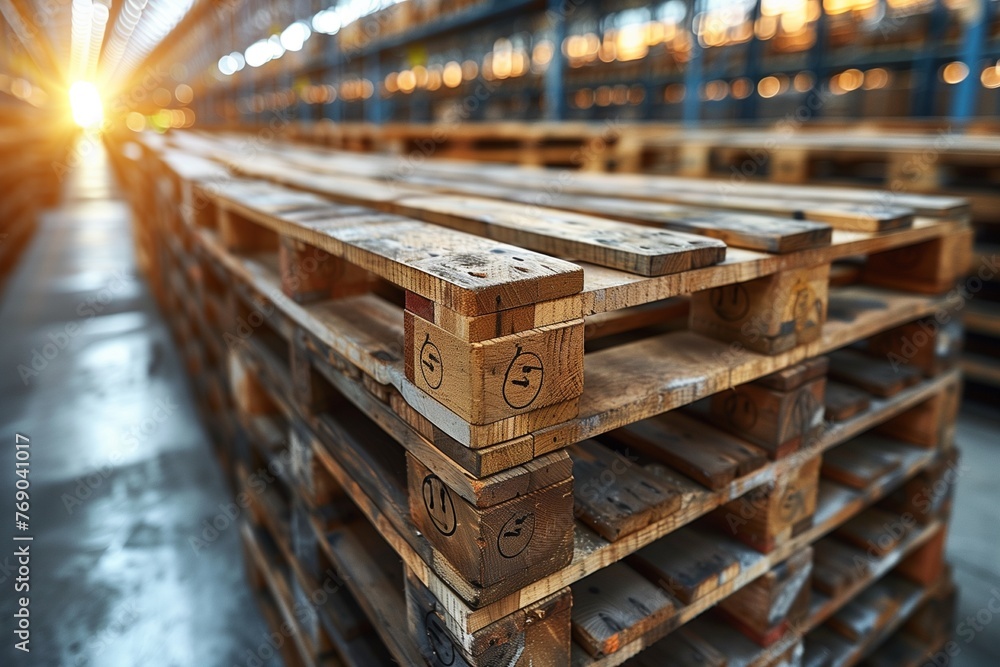 Wooden pallet stack at industrial warehouse; essential for cargo and shipping logistics in factories Wooden pallet stack at industrial warehouse; essential for cargo and shipping logistics in factories