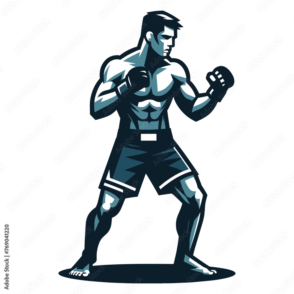 Man mixed martial arts athlete full body vector illustration, MMA sport fighter, octagon combat, punching with fist, kicking strike. design template isolated on white background Man mixed martial arts athlete full body vector illustration, MMA sport fighter, octagon combat, punching with fist, kicking strike. design template isolated on white background