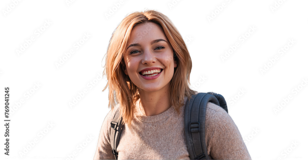 Woman smiling, ready for adventure, transparent. Woman smiling, ready for adventure, transparent.