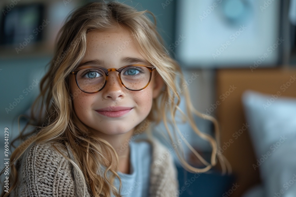 Happy kid with glasses waits patiently in the doctor's office, ready for their appointment Happy kid with glasses waits patiently in the doctor's office, ready for their appointment