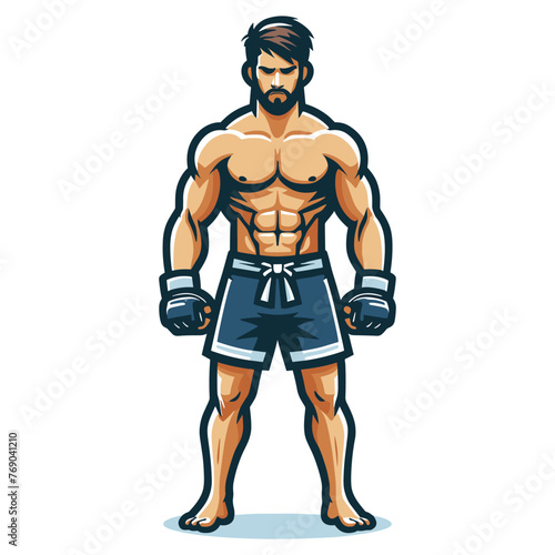 Man mixed martial arts athlete full body vector illustration, MMA sport fighter, octagon combat, punching with fist, kicking strike. design template isolated on white background