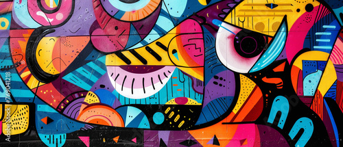 Vibrant graffiti-style lettering intertwines with detailed abstract designs  creating a visually striking street art composition that enlivens the city streets with its bold colors and dynamic shapes.