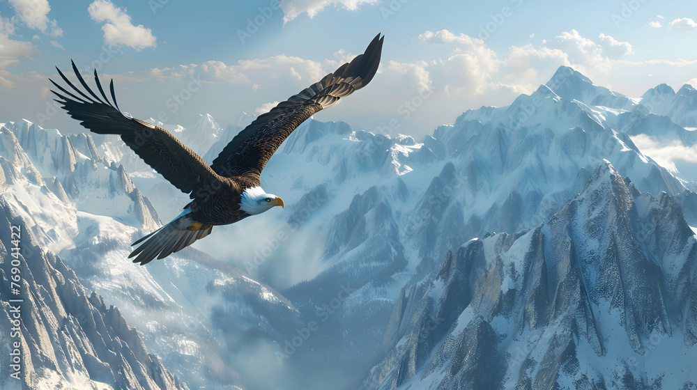 Naklejka premium Majestic bald eagle soaring above rugged mountain peaks