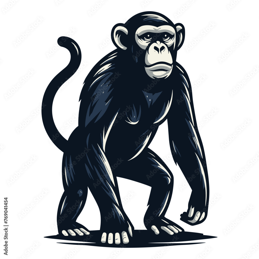 Fototapeta premium Monkey ape chimpanzee full body design illustration, standing monkey illustration concept, wild animal primate, vector template isolated on white background