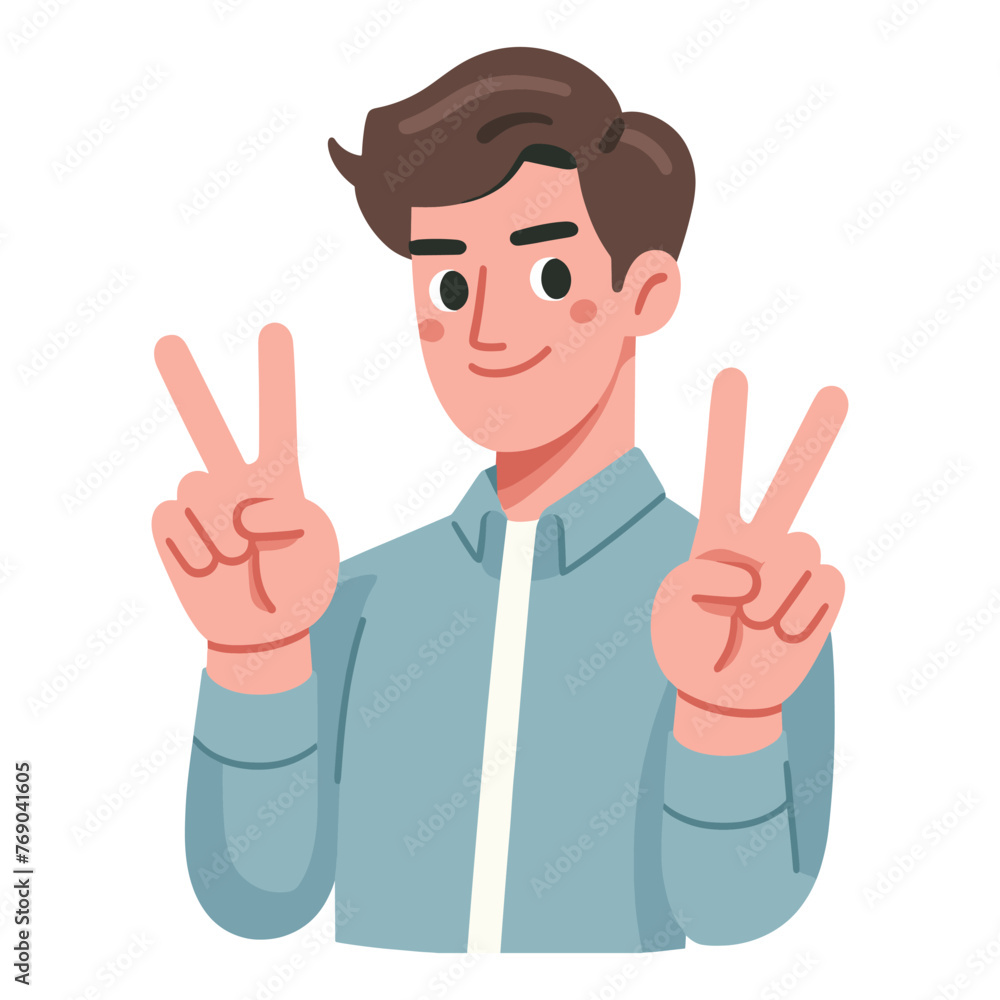 Man showing peace sign vector illustration, happy male gesturing peace victory sign with hand, gladness, joyfulness, positive emotion design template isolated on white background Man showing peace sign vector illustration, happy male gesturing peace victory sign with hand, gladness, joyfulness, positive emotion design template isolated on white background