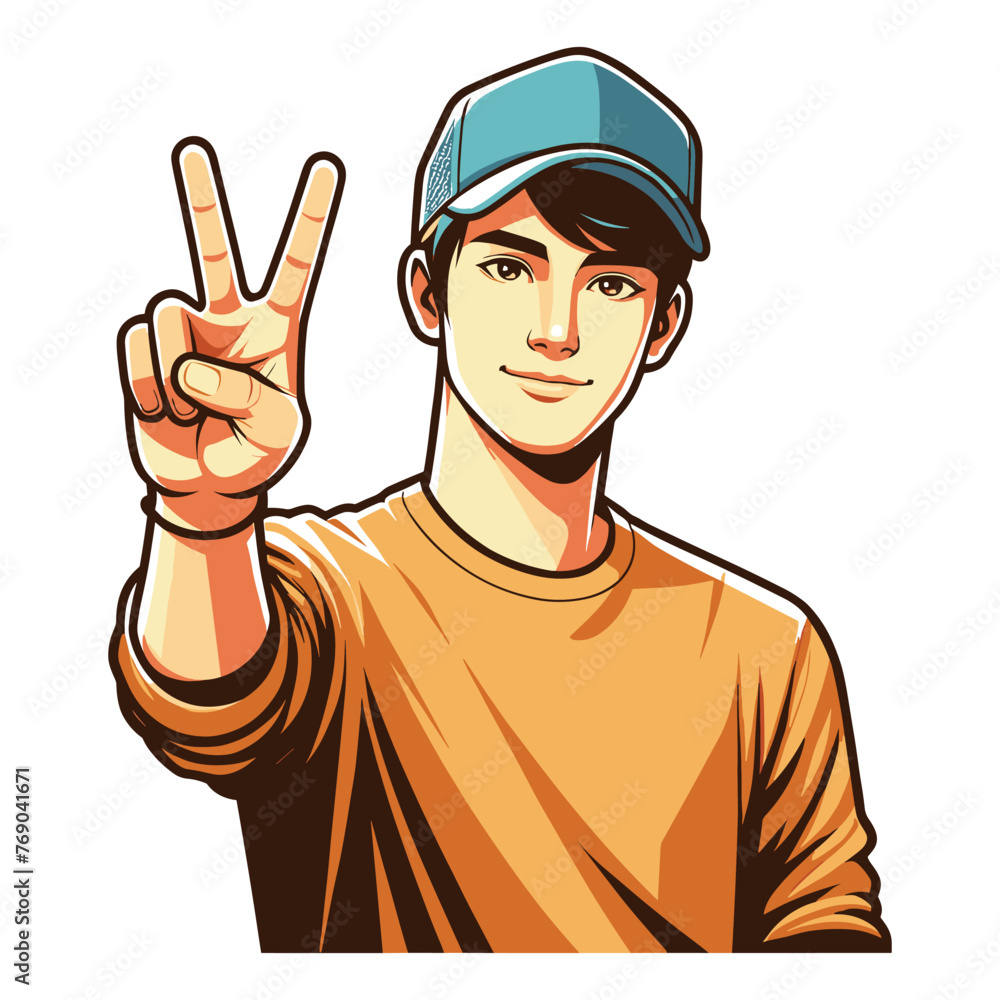 Man showing peace sign vector illustration, happy male gesturing peace victory sign with hand, gladness, joyfulness, positive emotion design template isolated on white background Man showing peace sign vector illustration, happy male gesturing peace victory sign with hand, gladness, joyfulness, positive emotion design template isolated on white background