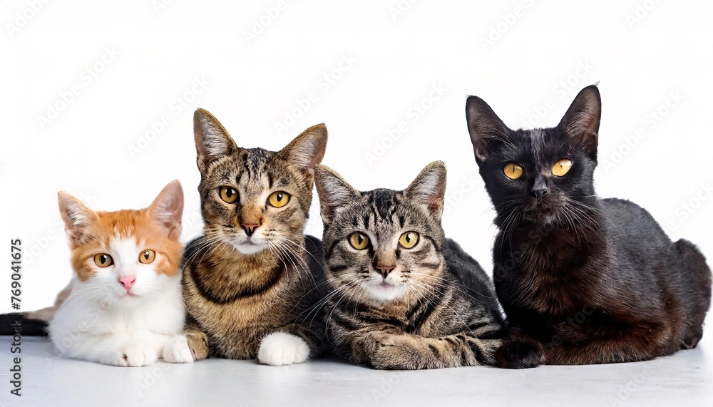 Close up of mixed breeds of cats being attentive while looking forward at camera. Horizontal web banner. perfect for animal shelter adoption advertising or advertisement