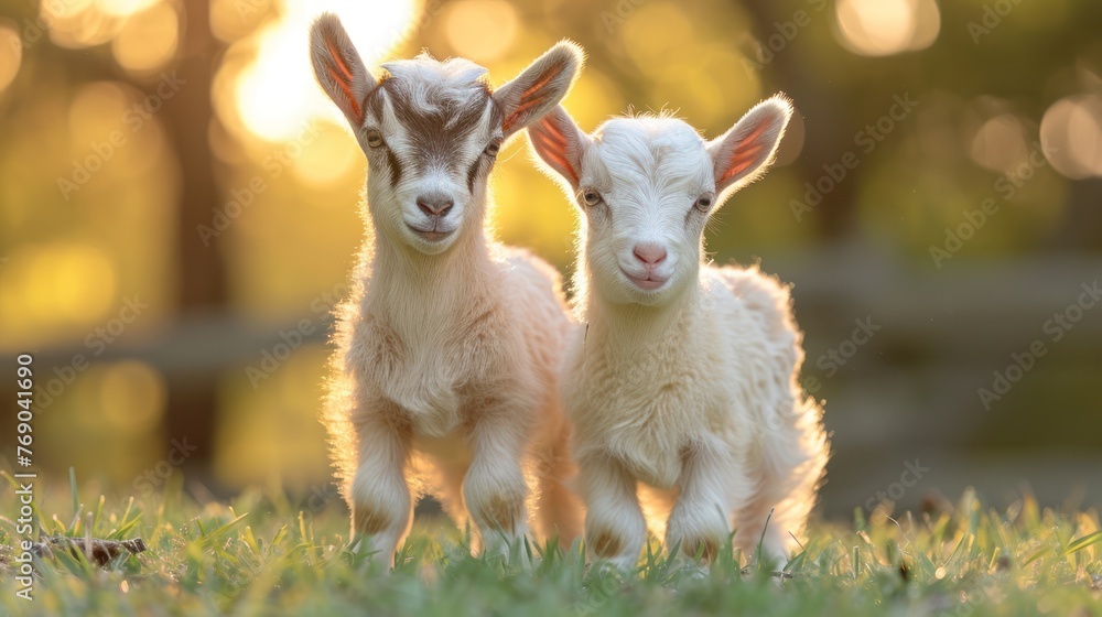 Two cute little baby goats playing on a green grass field Two cute little baby goats playing on a green grass field