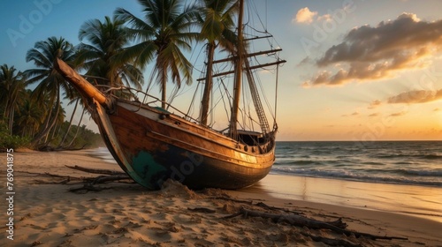 A boat on the beach at sunset with palm trees in background. Generative AI.