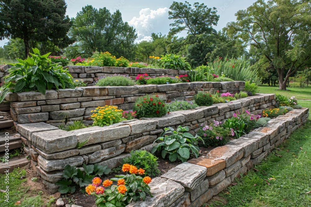Neatly stacked stone retaining walls in a garden full of a variety of colorful flowers, representing organization and natural diversity