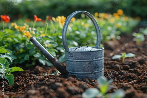 An old-fashioned metal watering can rests among the soil and plants, symbolizing nurturing and the growth cycle