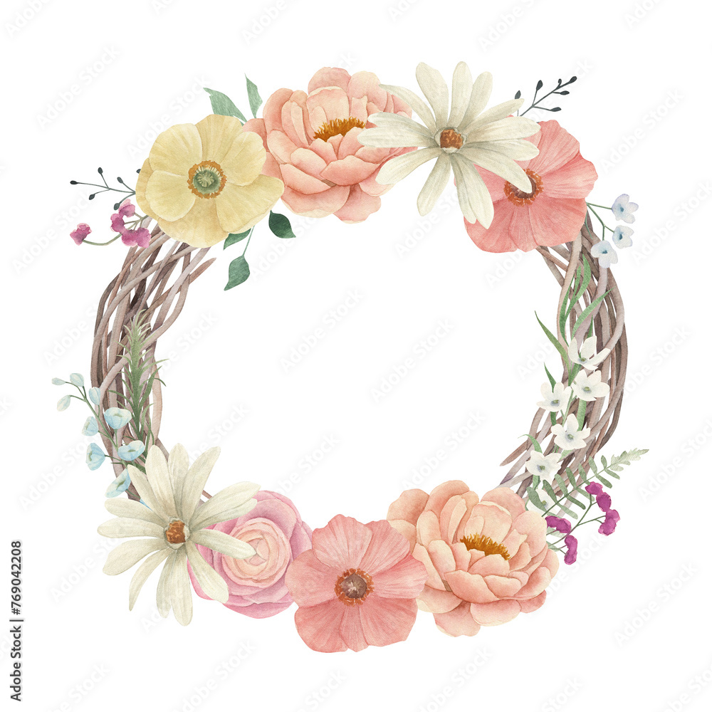 Watercolor wedding vintage wreath. Hand drawn floral isolated illustration on white background.