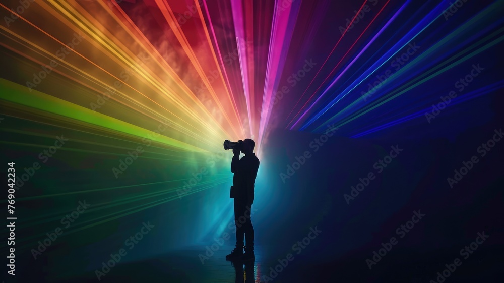 Silhouetted photographer against rainbow lights - A silhouette of a photographer capturing the mesmerizing beauty of a prismatic light display, symbolizing pursuit of creativity