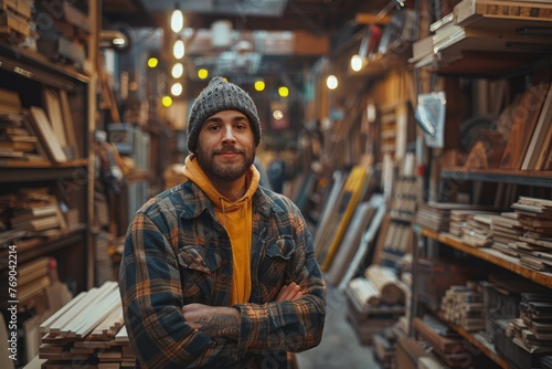 Smiling man with beard and beanie standing confidently in a well-stocked woodshop photo