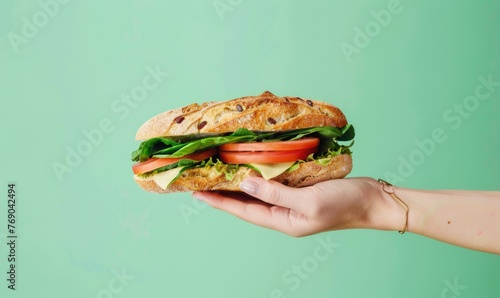 Hand holding a delicious fresh sandwich - A hand presenting a tasty sandwich with crispy bread, fresh lettuce, cheese, and tomato slices on a green background photo