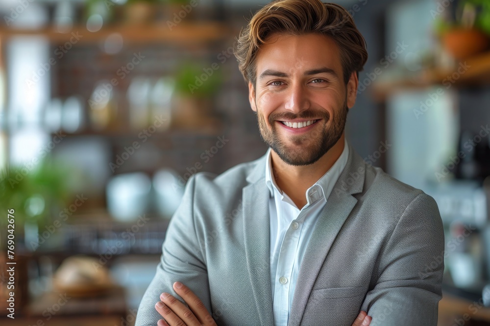 Handsome young businessman in a suit poses confidently in a stylish interior setting Handsome young businessman in a suit poses confidently in a stylish interior setting