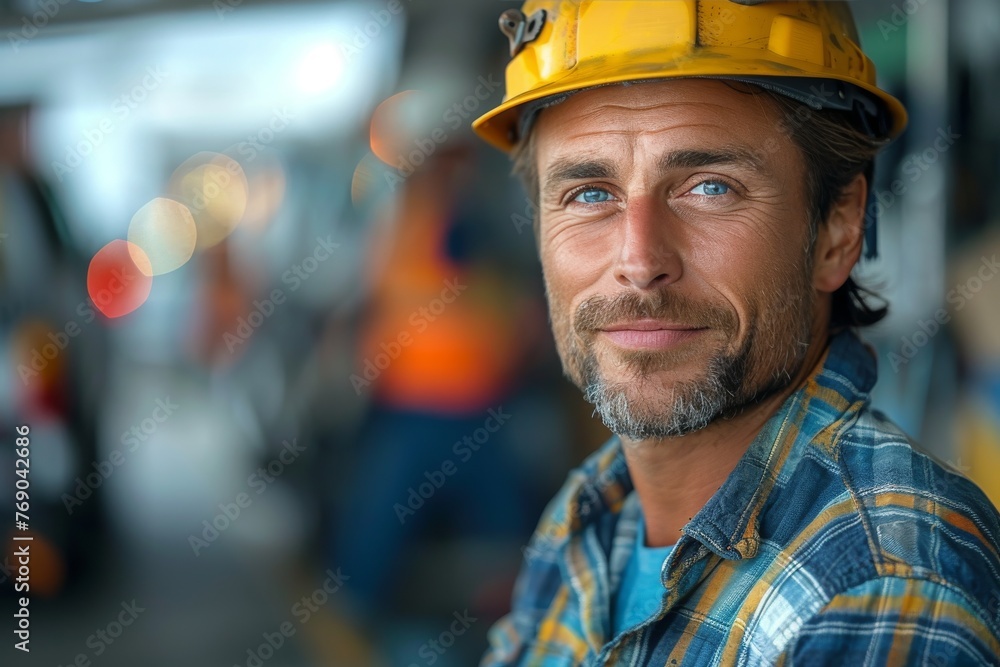 Cheerful construction worker wearing a safety helmet in an industrial setting with blurred background Cheerful construction worker wearing a safety helmet in an industrial setting with blurred background