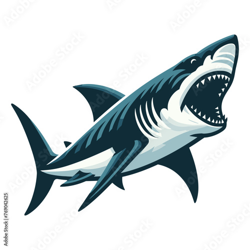 Angry wild great white shark vector illustration, marine predator animal element illustration, swimming toothy shark design template isolated on white background