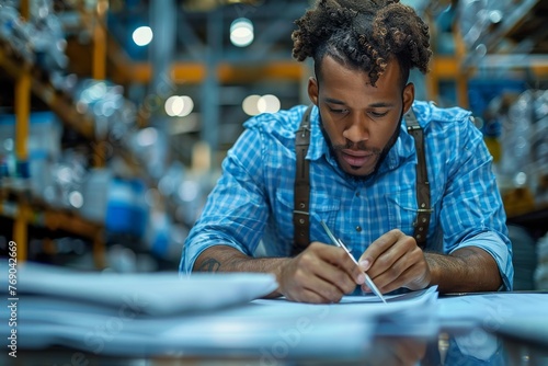 Focused industrial worker with pencil going over blueprints in a manufacturing plant