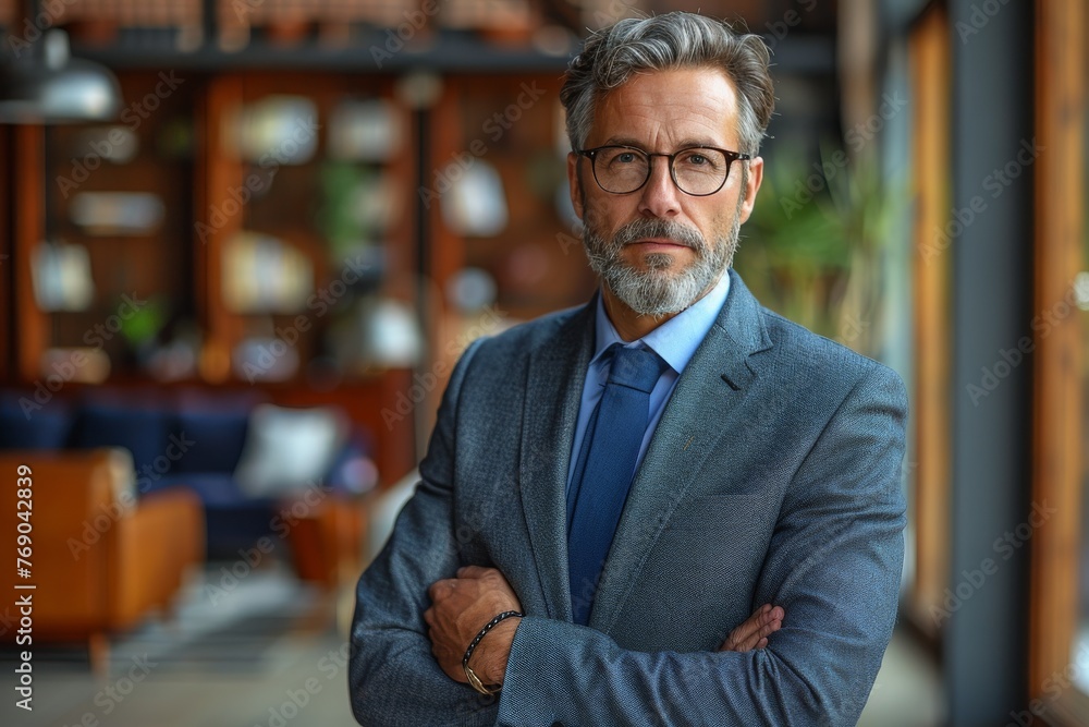 A professional man with crossed arms posing in a vibrant, modern lounge area A professional man with crossed arms posing in a vibrant, modern lounge area