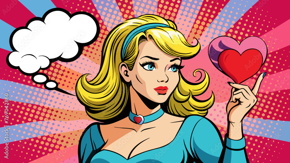 pop art woman hold heart with thought bubble comi 