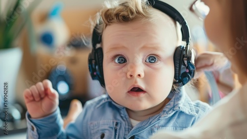 Baby with headphones on looking amazed - A cute baby wearing headphones looks surprised or intrigued by the sounds it hears