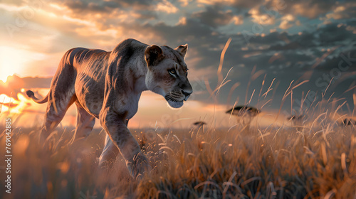 Majestic lioness roaming savannah at dusk