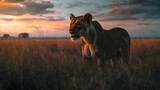 Majestic lioness roaming savannah at dusk