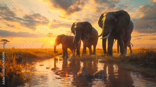 Mighty elephant family gathered around a watering hole at sunset