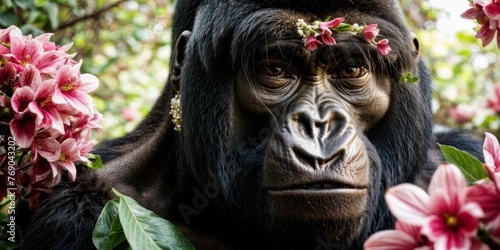  A close-up image of a monkey wearing flowers on its head, set against a backdrop of a pink-flowered tree in the foreground