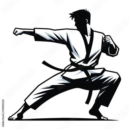 Man taekwondo athlete full body vector illustration, male taekwondo martial art player, kicking attack technique, fight sport. design template isolated on white background