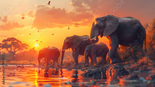 Mighty elephant family gathered around a watering hole at sunset photo