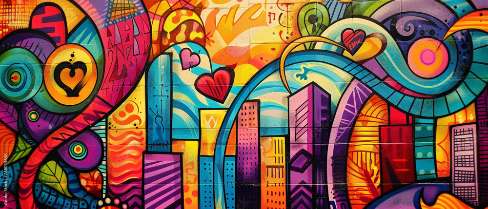 Graffiti-style lettering bursting with color alongside swirling abstract shapes, infusing the cityscape with energy and vibrancy.