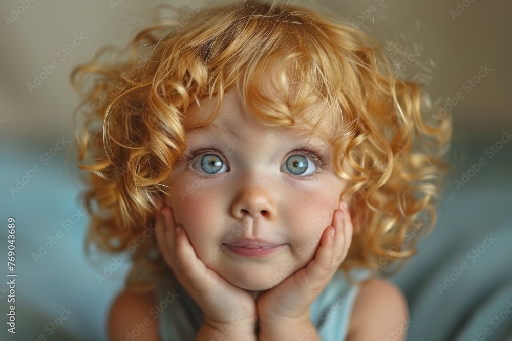 An adorable toddler with a head full of curly hair and captivating blue eyes gazes forward with hands on cheeks An adorable toddler with a head full of curly hair and captivating blue eyes gazes forward with hands on cheeks
