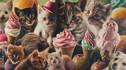 A photo collage of cats, pets, elephants, and bears with ice cream, in the style of uhd image, candid celebrity shots, AI generated photo