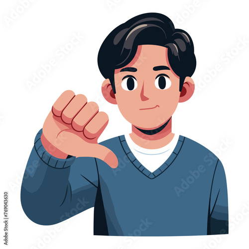 Man showing thumbs down design illustration, unhappy male gesturing dislike, disapproval sign, negative expression, disagreement. vector template isolated on white background