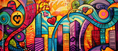 Graffiti-style lettering bursting with color alongside swirling abstract shapes, infusing the cityscape with energy and vibrancy.