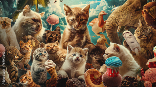 A photo collage of cats, pets, elephants, and bears with ice cream, in the style of uhd image, candid celebrity shots, AI generated photo