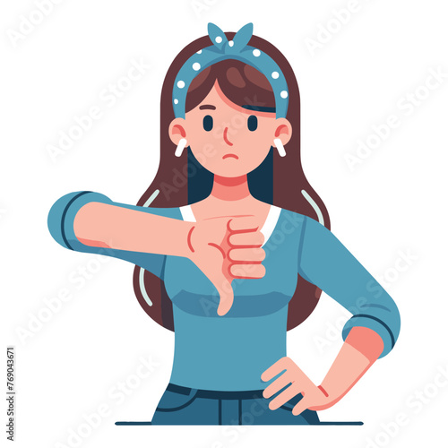 Woman showing thumbs down vector illustration, unhappy girl gesturing disapproval sign, dislike, disagreement, negative expression. design template isolated on white background