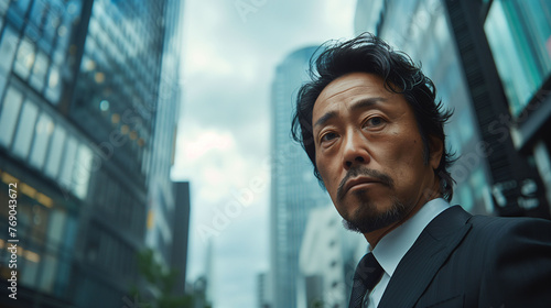 Confident Asian businessman in a suit walking in a modern cityscape with skyscrapers, portraying urban corporate lifestyle.