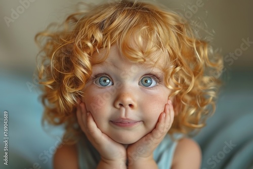 An adorable toddler with a head full of curly hair and captivating blue eyes gazes forward with hands on cheeks photo
