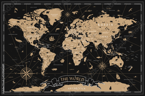 World Map Vintage Ancient Cartoon - Vector Illustration. Black and Golden Colors photo