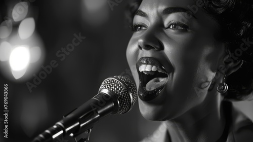 Monochrome image of a female jazz singer performing with emotion.