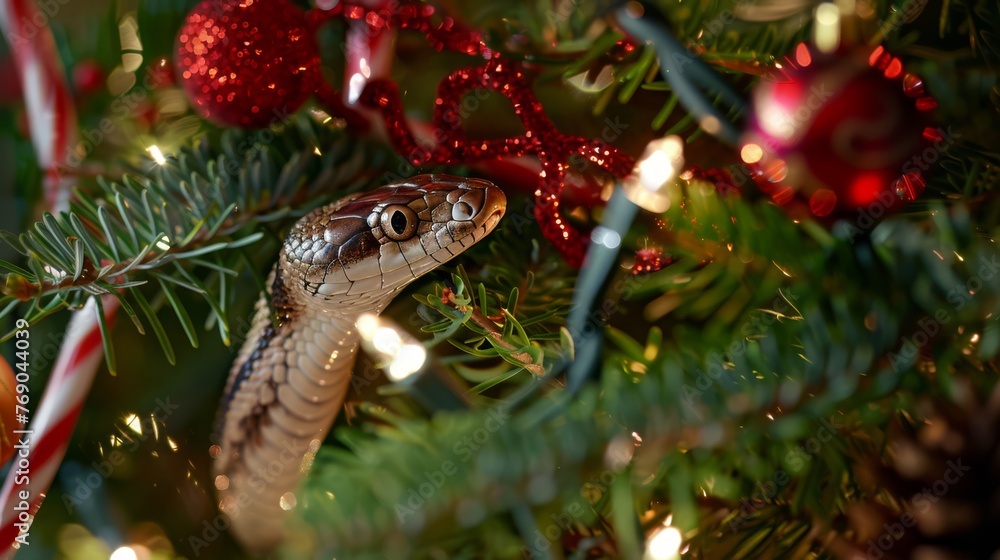 snake hiding in the branches of a decorated christmas tree, symbol of a lunar year 2025, horoscope mascot snake hiding in the branches of a decorated christmas tree, symbol of a lunar year 2025, horoscope mascot