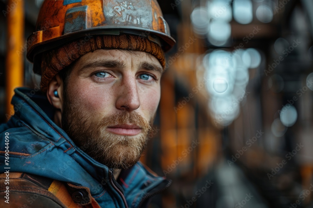 Portrait of a young bearded male engineer in hardhat with a captivating expression in an industrial setting Portrait of a young bearded male engineer in hardhat with a captivating expression in an industrial setting