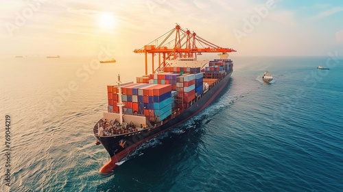 Container ship in export and import business and logistics. Shipping cargo to harbor by crane. Water transport International.