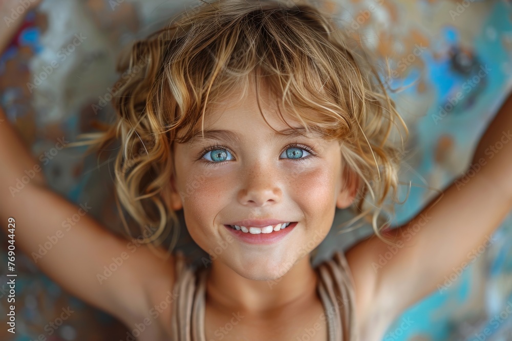 Close-up portrait of a smiling young girl with curly blonde hair and striking blue eyes, arms raised Close-up portrait of a smiling young girl with curly blonde hair and striking blue eyes, arms raised