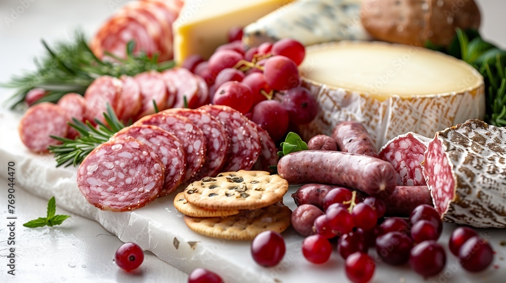 Explore a diverse spread of cheeses, sausages, crackers, and berries arranged enticingly on a platter